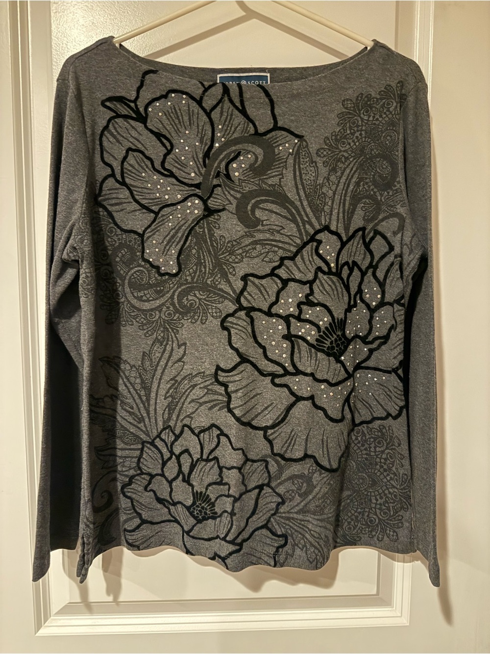 Karen Scott Gray Floral Embellished Long Sleeve Top